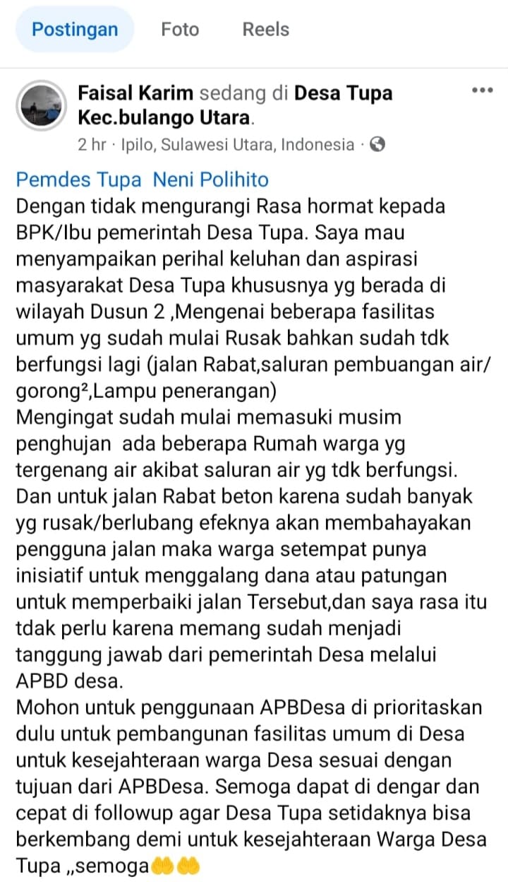 Postingan Faisal di akun Facebooknya. 