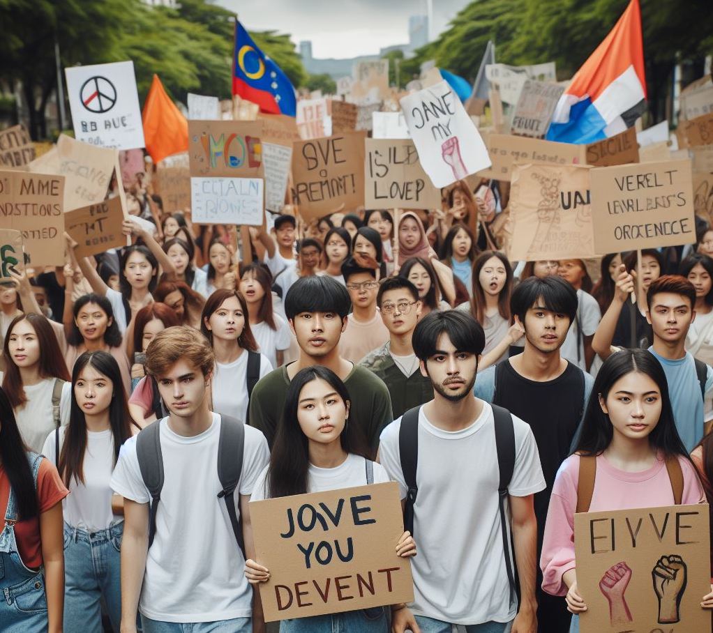 Ilustrasi mahasiswa yang sedang memimpin aksi unjuk rasa. (Sumber: Bing AI/Hibata.id)