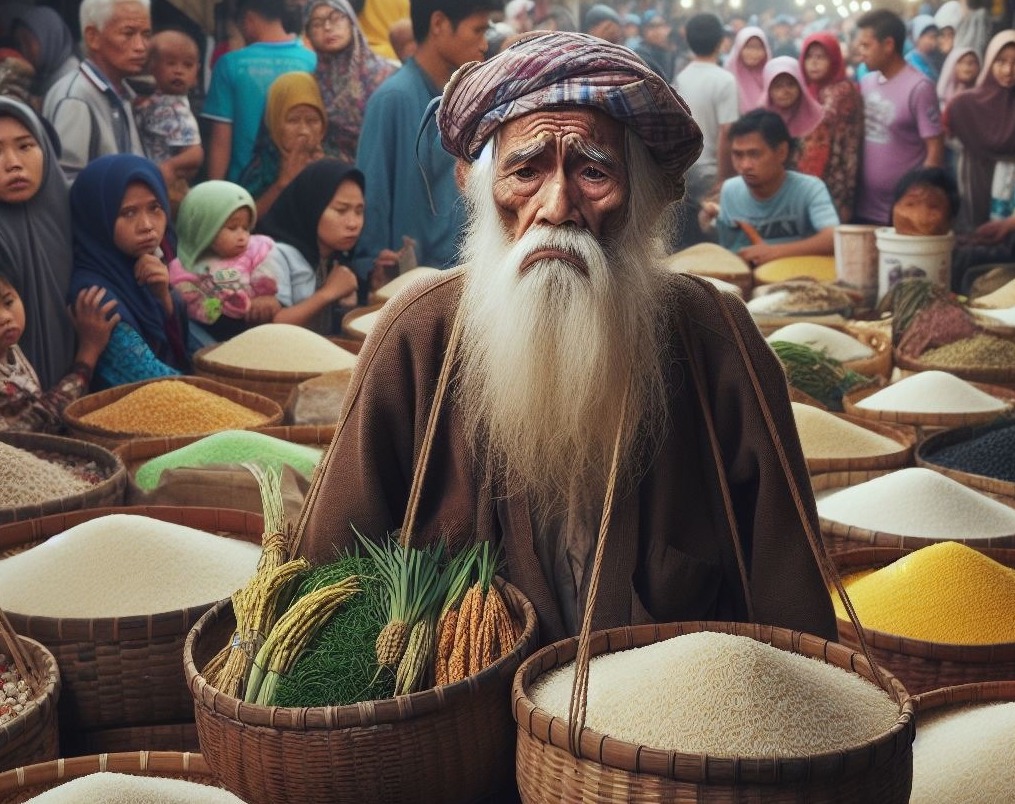 Ilustrasi seorang penjual beras. (Foto: AI Bing)