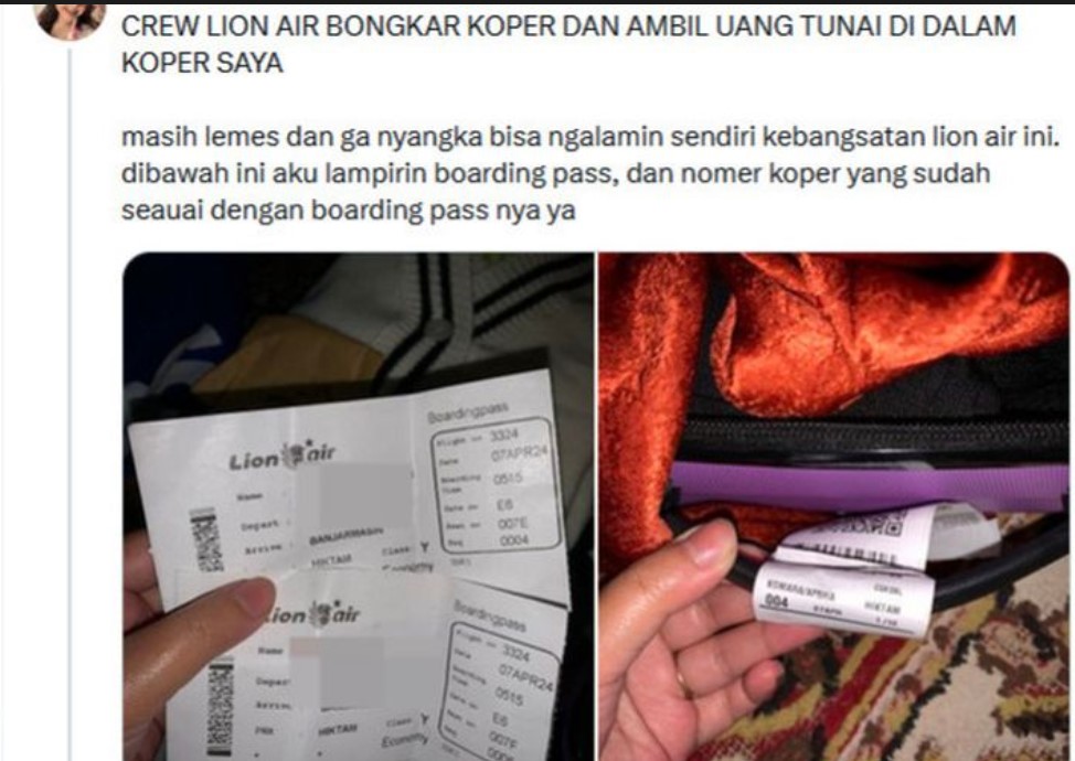 Tangkapan layar unggahan penumpang Lion Air yang mengeluhkan kehilangan uang/Hibata.id