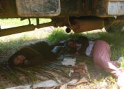 2 orang perempuan tani pemilik lahan plasma rela berbaring di bawah mobil dam milik perusahaan, untuk menahan agar TBS tidak diangkut ke pabrik pengolahan PT HIP. Kebun plasma di desa Maniala, Kabupaten Buol. (Foto: FPPB)