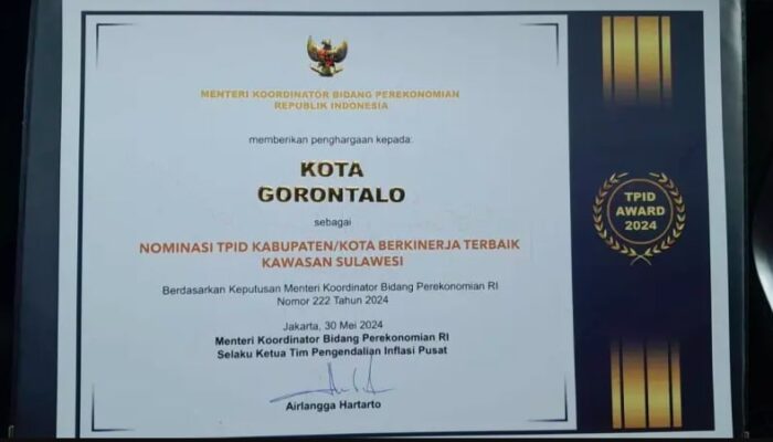 Dapat TPID Award 2023: Kota Gorontalo Ranking 2 Kategori IHK Wilayah Sulawesi