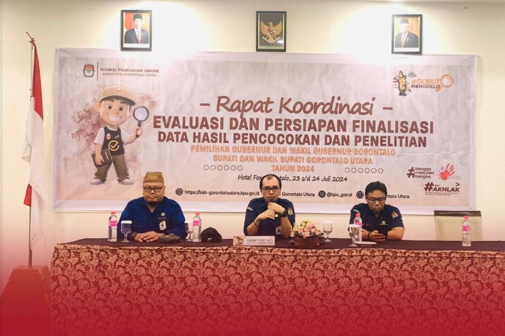Komisi Pemilihan Umum (KPU) Kabupaten Gorontalo Utara menggelar Rapat Koordinasi Evaluasi dan Persiapan Finalisasi Data Hasil Pencocokan dan Penelitian/Hibata.id