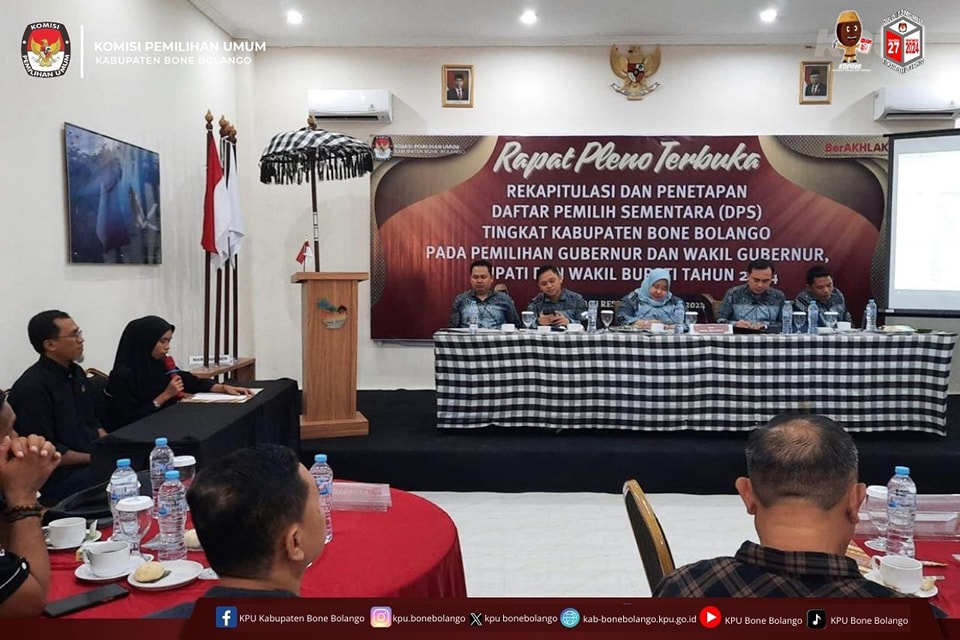 Komisi Pemilihan Umum (KPU) Kabupaten Bone Bolango menggelar Rapat Pleno Terbuka Rekapitulasi dan Penetapan Daftar Pemilih Sementara (DPS) tingkat kabupaten/Hibata.id