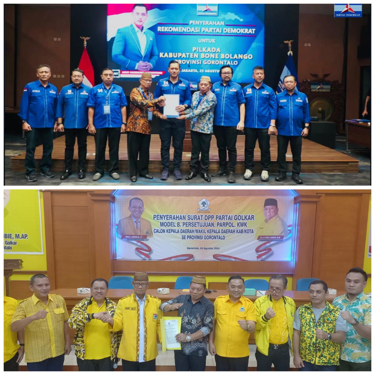 Partai Golkar dan Demoktrat ketika memberikan B1-KWK kepada pasangan Ismet Mile dan Risman Tolingguhu (IRIS). (Istimewa)