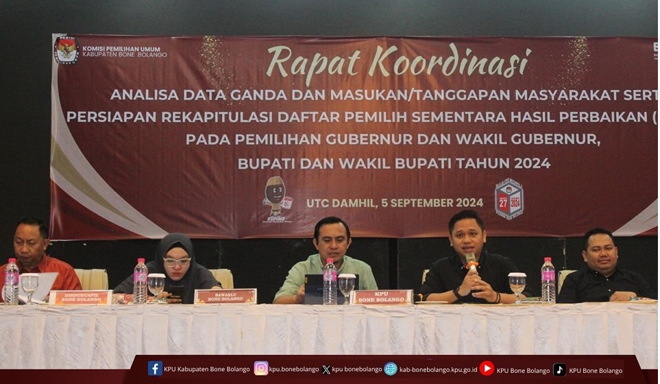 Komisi Pemilihan Umum (KPU) Kabupaten Bone Bolango menggelar rapat koordinasi terkait Analisa Data Ganda, Masukan dan Tanggapan Masyarakat, serta Persiapan Rekapitulasi Daftar Pemilih Sementara Hasil Perbaikan (DPSHP)/Hibata.id