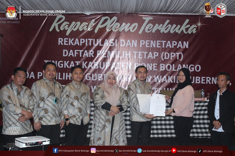 Komisi Pemilihan Umum (KPU) Kabupaten Bone Bolango menggelar Rapat Pleno Terbuka terkait Rekapitulasi dan Penetapan Daftar Pemilih Tetap (DPT) tingkat kabupaten/Hibata.id