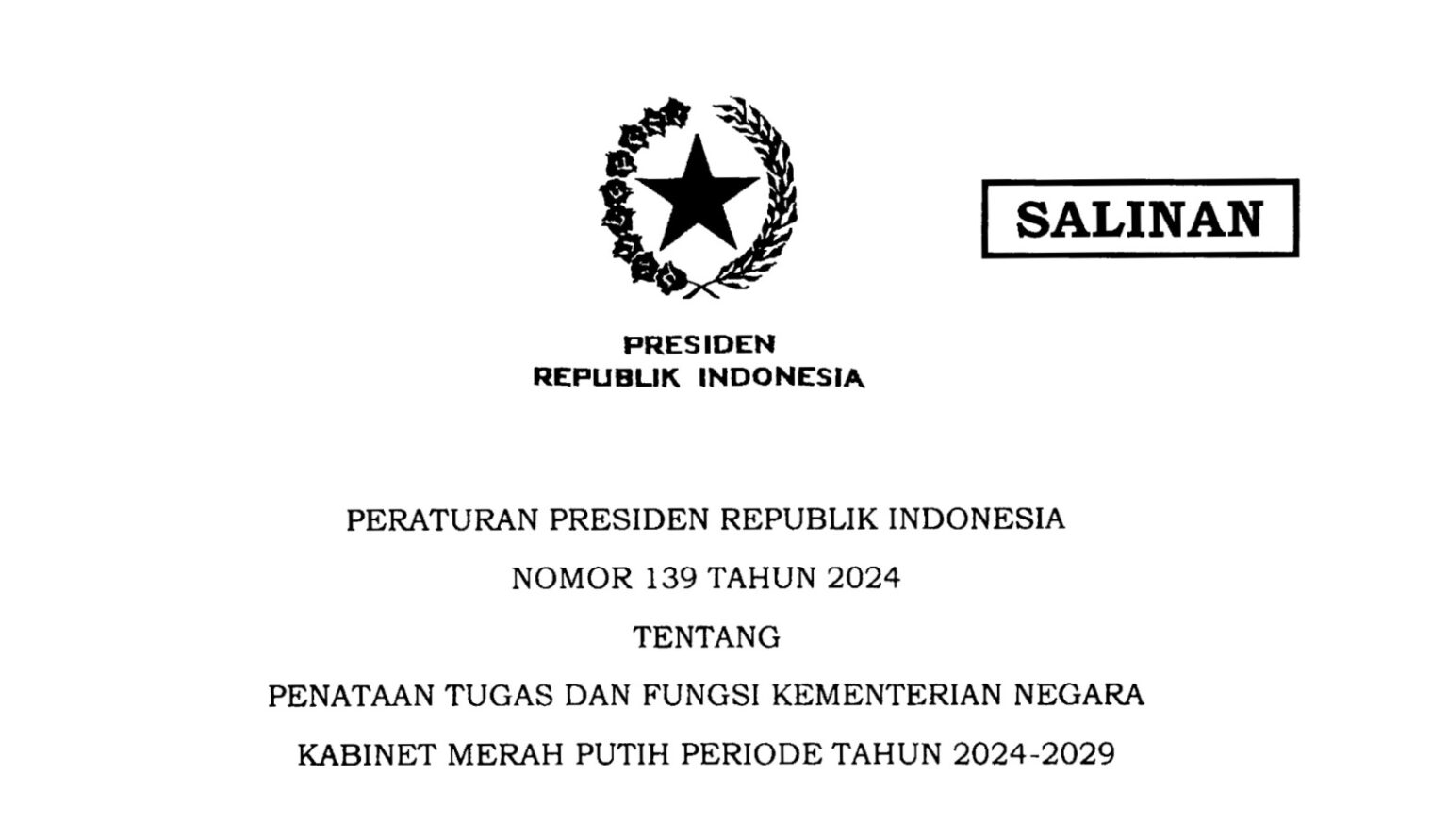 Perpres Nomor 139 Tahun 2024: Penataan Kementerian di Kabinet Merah Putih/Hibata.id