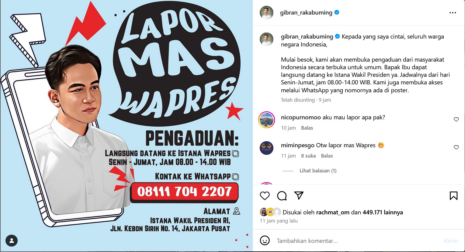 Tangkapan Layar Gibran Buka Layanan Pengaduan Masyarakat 'Lapor Mas Wapres'/Hibata.id