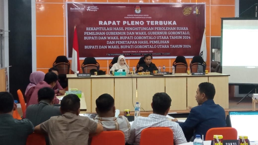 Komisi Pemilihan Umum (KPU) Kabupaten Gorontalo Utara menggelar rapat pleno terbuka rekapitulasi hasil perhitungan dan perolehan suara Pemilihan Kepala Daerah (Pilkada) 2024/Hibata.id