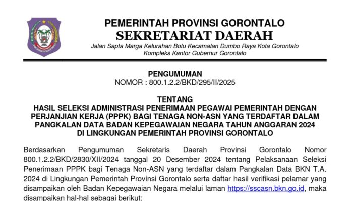 Pengumunam Hasil Seleksi Administrasi PPPK Tahap II Pemerintah Provinsi Gorontalo