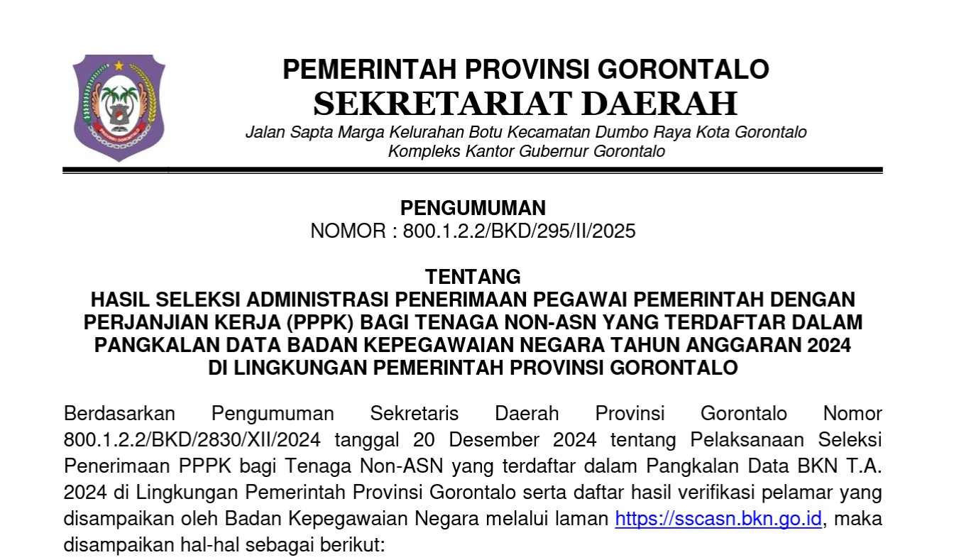 Pemerintah Provinsi Gorontalo resmi mengumumkan hasil seleksi administrasi penerimaan Pegawai Pemerintah dengan Perjanjian Kerja (PPPK) bagi tenaga non-ASN/Hibata.id