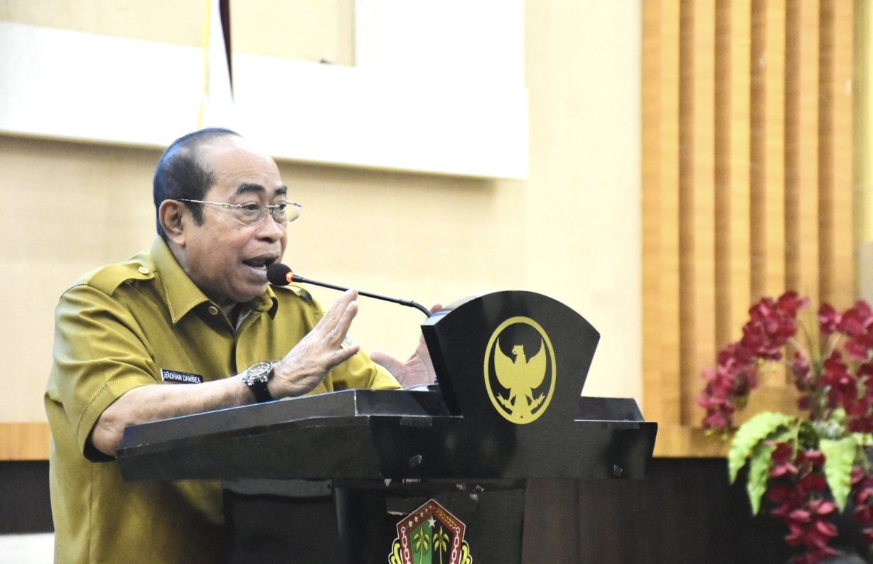 Wali Kota Gorontalo, Adhan Dambea saat memberikan sambutan di Musyawarah Perencanaan Pembangunan (Musrenbang) untuk Rencana Kerja Pemerintah Daerah (RKPD) 2026. (Foto: Humas Pemkot Gorontalo)