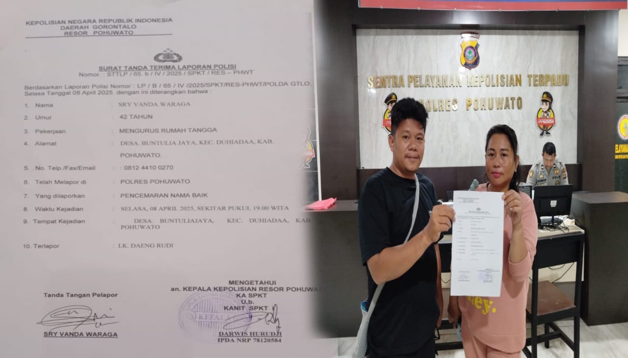 Sri Vanda bersama Irsan ketika melaporkan Daeng Rudy ke Mapolres Pohuwato dengan tuduhan pencemaran nama baik. (Foto: Istw)