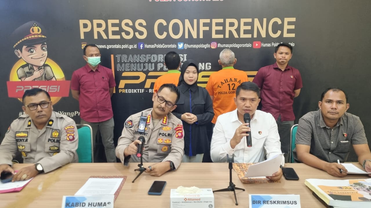 Konferensi pers yang digelar di Mapolda Gorontalo, Direktur Reskrimsus Kombes Pol. Dr. Maruly Pardede didampingi Kepala Bidang Humas Polda Gorontalo Kombes Pol. Desmont Harjendro/Hibata.id