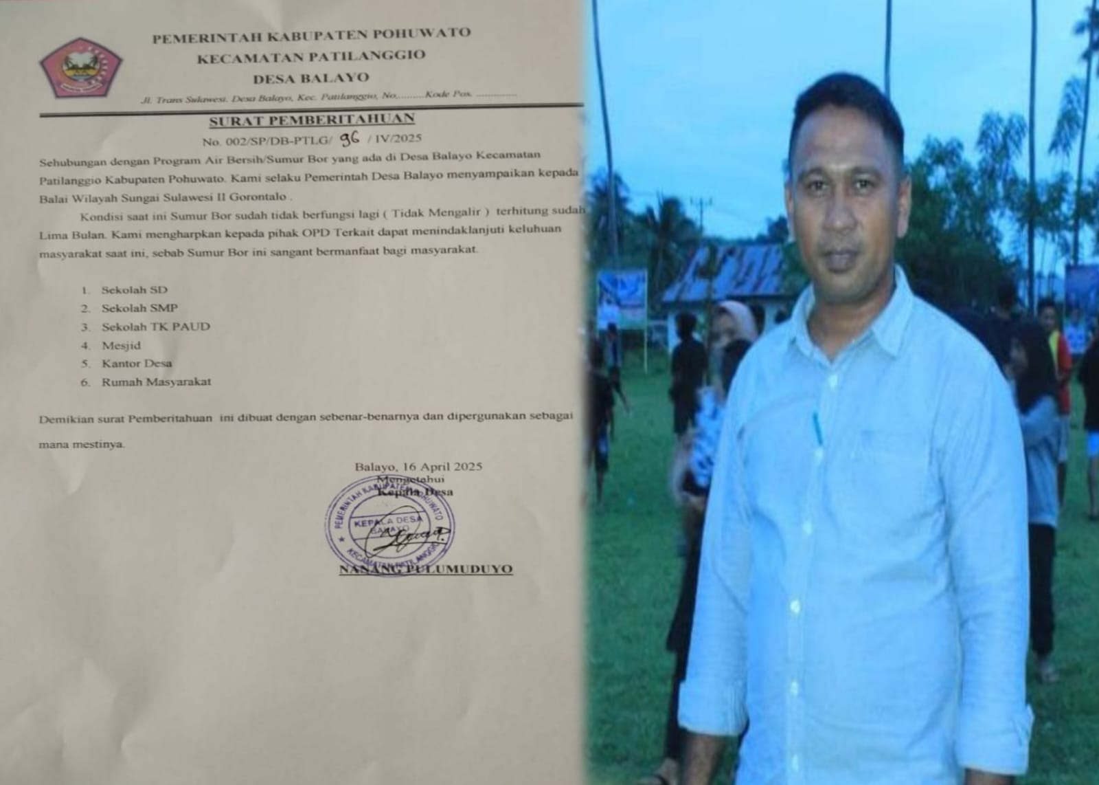 Kepala Desa Balayo, Kecamatan Patilanggio, Kabupaten Pohuwato, Nanang Pulumuduyo. (Foto: Istw)