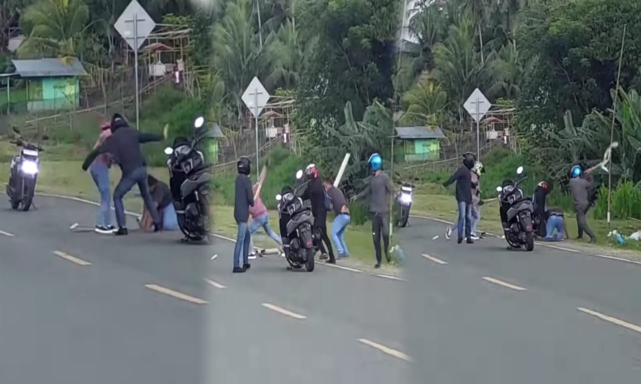 Aksi pengeroyokan oleh sekelompok orang tak dikenal (OTK) di kawasan Jalan Gorontalo Outer Ring Road (GORR), pada Senin sore (5/5/2025). (Foto: Potongan video yang beredar)