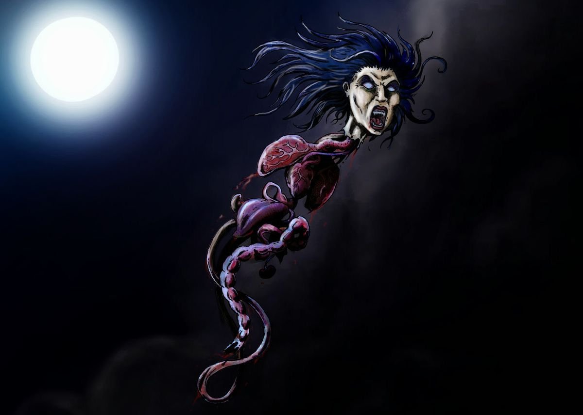 Kuyang, Sosok ini diyakini sebagai makhluk gaib berwujud kepala manusia yang melayang dengan organ dalam tergantung di bawahnya