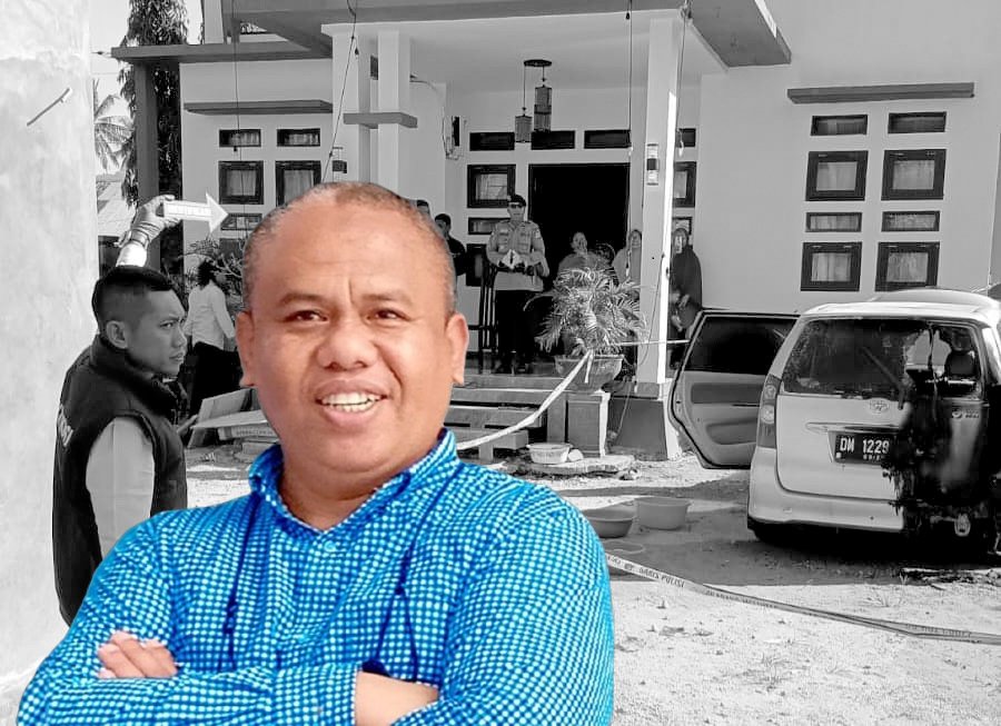 Kolase Foto - Ketua LP3G Abdulah Deno Djarai berlatar peristiwa pelemparan bom molotov yang membakar mobil milik seorang anggota DPRD/Hibata.id