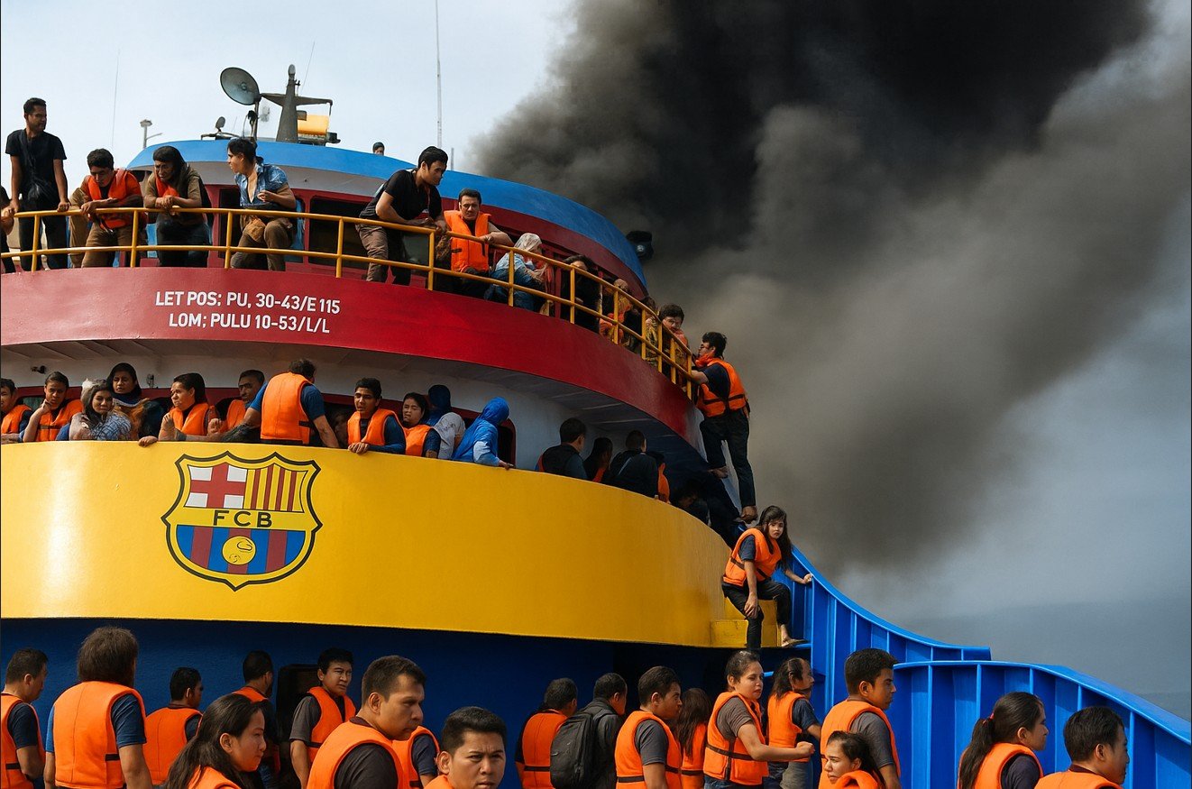 Ilustrasi Kapal penumpang KM Barcelona terbakar/Ai/Hibata.id