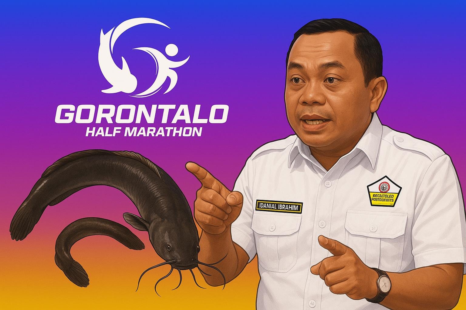 Kolase Foto - Logo GHM, ikan lele dan karikatur Kepala Dispora Provinsi Gorontalo, Danial Ibrahim/Ai/Hibata.id
