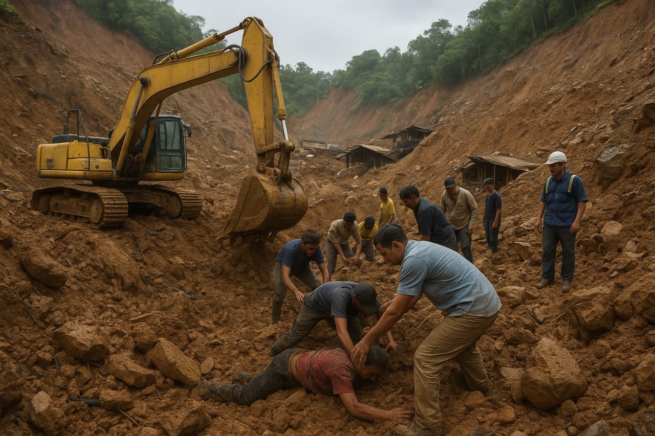 Ilustrasi penambang tertimbun lingsor di lokasi pertambangan emas tanpa izin (PETI). (Foto: IA/Hibata.id)