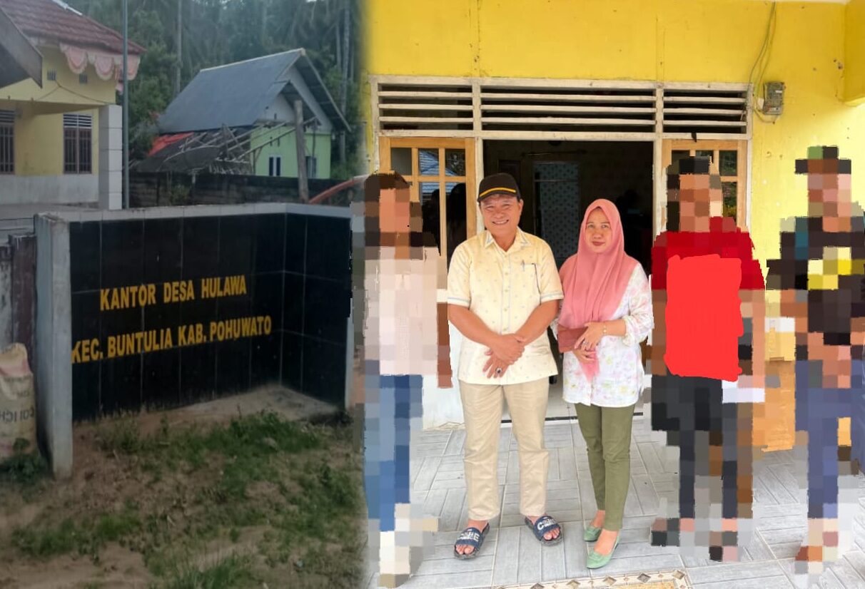 Tim Studi Rencana Pengadaan Tanah dan Pemukiman Kembali (LARAP) serta Rencana Pemulihan Mata Pencaharian (LRP) bersama Kepala Desa Hulawa, Erna Giasi, dan Ketua DPRD Kabupaten Pohuwato, Beni Nento, saat berfoto di Kantor Desa Hulawa/Hibata.id