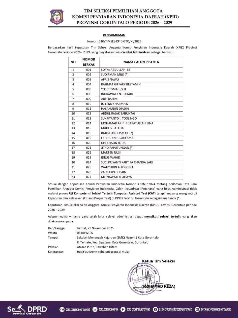 Pengumuman Seleksi KPID Gorontalo: Berikut Daftar Nama Peserta Lolos Administrasi 3 KPID Gorontalo
