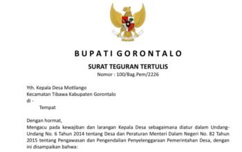Surat teguran tertulis daro Bupati Gorontalo kepada Kepala Desa Motilango, Kecamatan Tibawa, Kabupaten Gorontalo, Noldianto Hongi. (Foto: Istw)