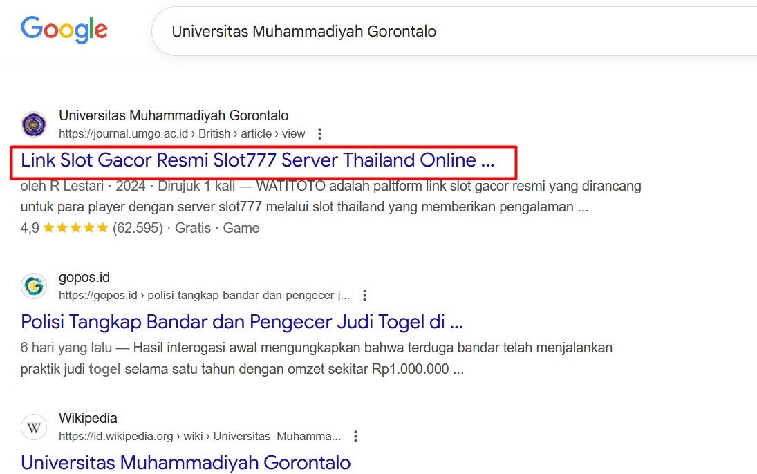 Hasil pencarian Google menampilkan judul mencurigakan pada domain jurnal Universitas Muhammadiyah Gorontalo/Hibata.id