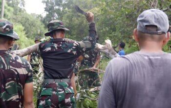 Personel Yonif TP 870 Sangia Wambulu bersama warga melaksanakan kerja bakti membersihkan lingkungan di Desa Doda Bahari dan Desa Baruta Analalaki, Kecamatan Sangia Wambulu, Kabupaten Buton Tengah, Senin (19/1/2026), sebagai upaya menjaga kebersihan lingkungan dan memperkuat kemanunggalan TNI dengan masyarakat./Hibata.id