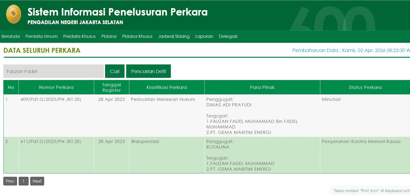 Tangkapan layar SIPP pengadilan Jakarta Selatan/Hibata.id