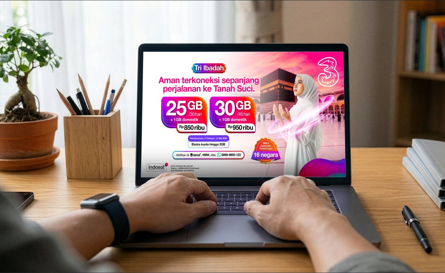 Menjalankan ibadah di Tanah Suci kini bisa lebih tenang tanpa khawatir soal koneksi. Indosat menghadirkan Tri Ibadah, solusi konektivitas yang praktis, fleksibel, dan mudah digunakan untuk jamaah Indonesia selama musim Haji 2026. Tri Ibadah dirancang untuk mendukung perjalanan ibadah yang lebih tenang, agar jamaah bisa tetap terhubung tanpa dipusingkan urusan koneksi selama perjalanan/Hibata.id