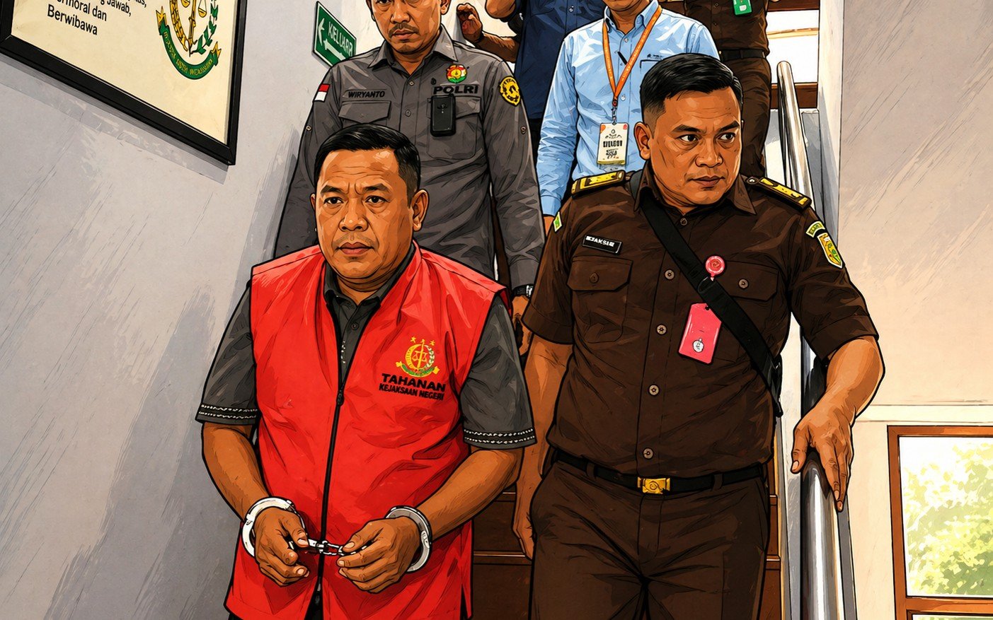 STA, mantan Ketua DPRD Kabupaten Gorontalo, digiring petugas Kejari mengenakan rompi tahanan dan diborgol menuju mobil usai penetapan tersangka kasus TGR TKI 2022–2023/Hibata.id