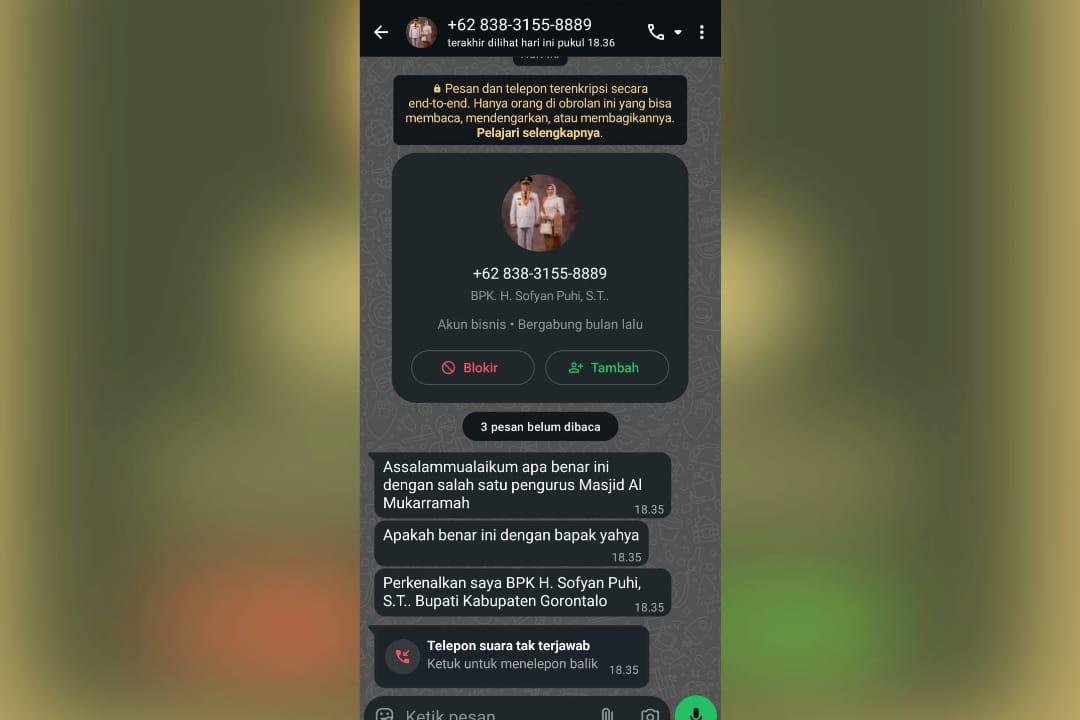 Nomor WhatsApp 0838 3155 8889 yang mengaku sebagai Bupati Gorontalo merupakan akun palsu/Hibata.id
