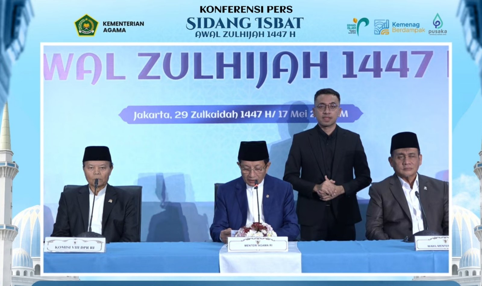Pemerintah melalui Kementerian Agama Republik Indonesia menetapkan Hari Raya Idul Adha 1447 Hijriah jatuh pada Rabu, 27 Mei 2026. Keputusan tersebut diumumkan Menteri Agama Nasaruddin Umar usai sidang isbat penetapan awal Zulhijah 1447 H di kantor Kementerian Agama, Jakarta, Minggu (17/5/2026). (Foto Hasil Tangkapan Layar YouTube Kemenag)/Hibata.id