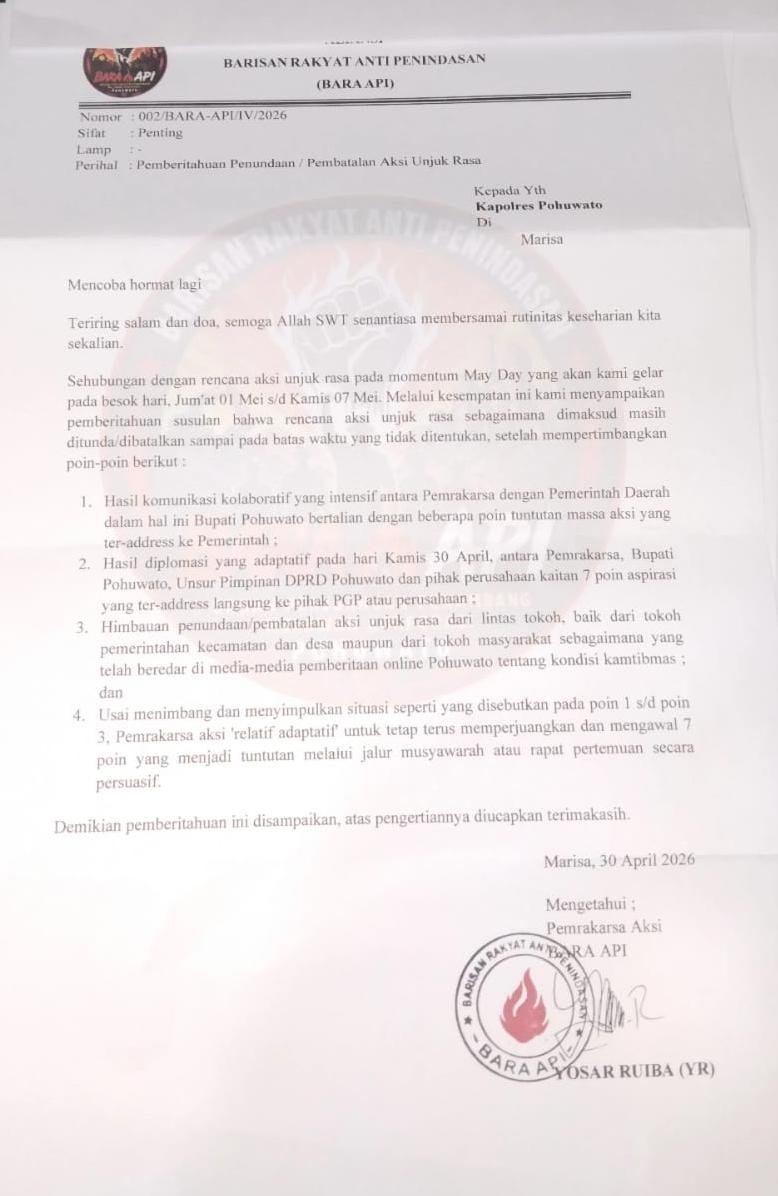 Surat pembatalan aksi besar Barisan Rakyat Anti Penindasan (BARA API)/Hibata.id