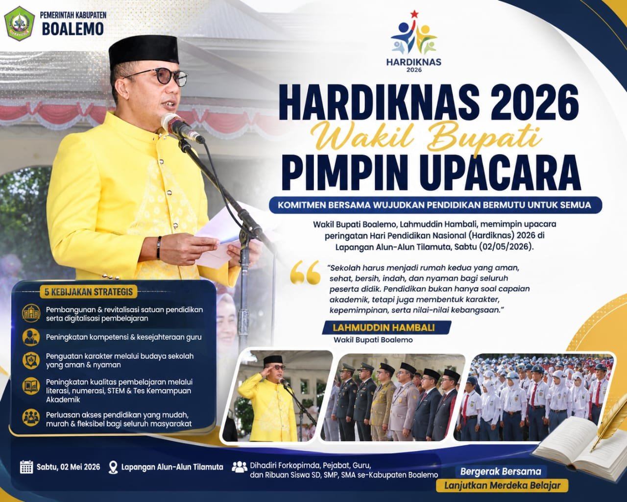 Wakil Bupati Boalemo Lahmuddin Hambali yang memimpin upacara Hardiknas/Hibata.id