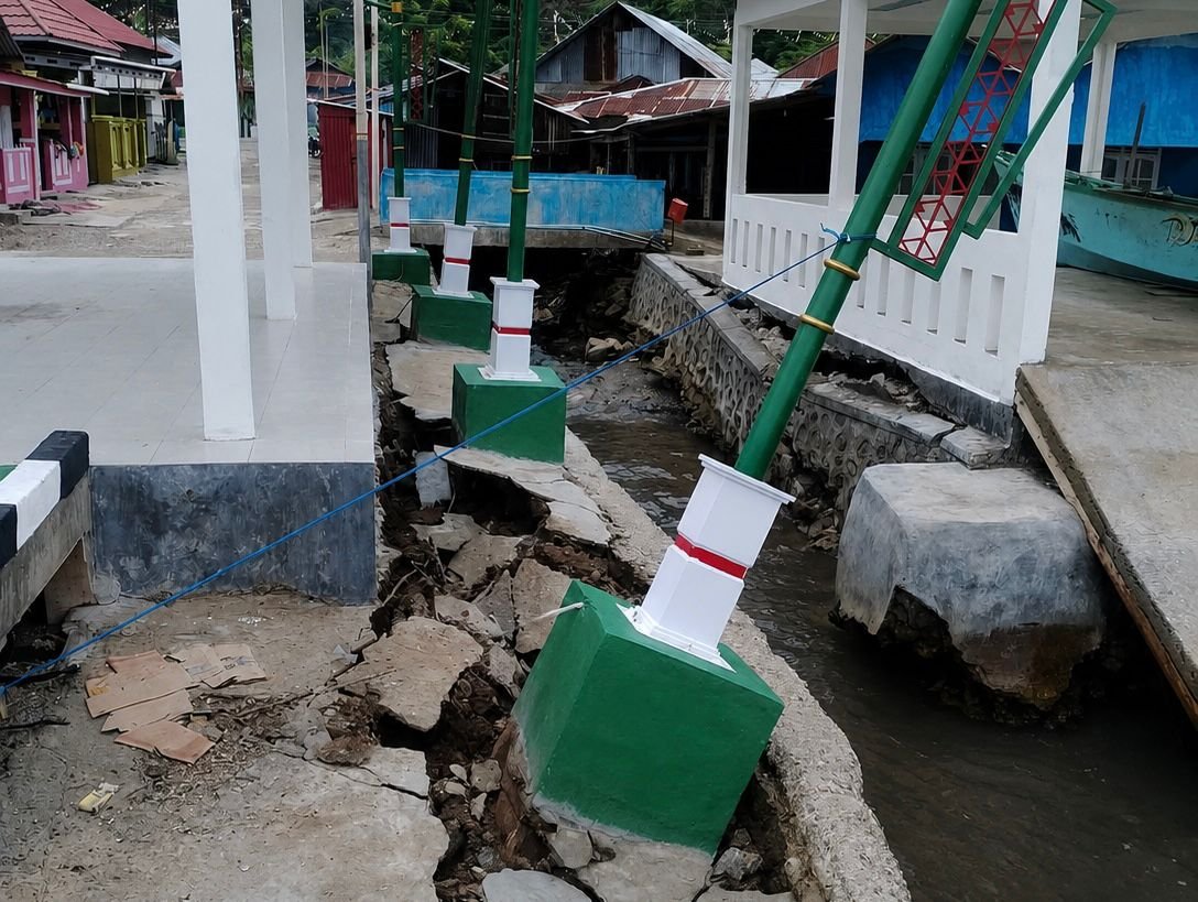 Dermaga di Kampung Nelayan Merah Putih Leato Selatan, Kota Gorontalo, mengalami kerusakan usai diterjang gelombang tinggi. DKP Gorontalo menyebut bagian yang rusak bukan struktur utama/Hibata.id