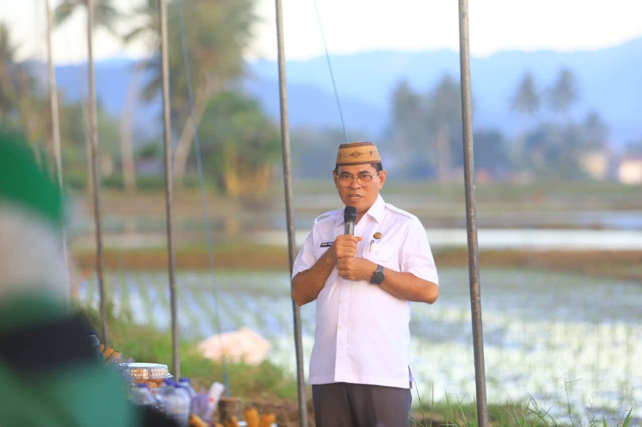 Sekda Iwan Mustapa saat memberikan sambutan pada kegiatan penanaman padi organik di lahan Gapoktan Buhuta Sejahtera Olami, Desa Huntu Utara, Bulango Selatan, Kamis (21/5/2026)/Hibata.id