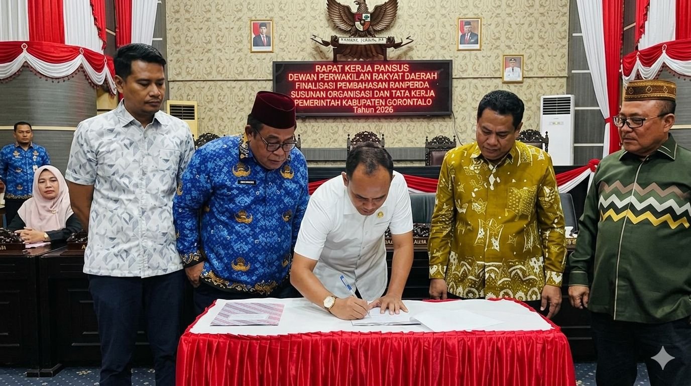 Pemerintah Kabupaten Gorontalo bersama DPRD Kabupaten Gorontalo akhirnya menuntaskan pembahasan perubahan Struktur Organisasi dan Tata Kerja (SOTK)/Hibata.id