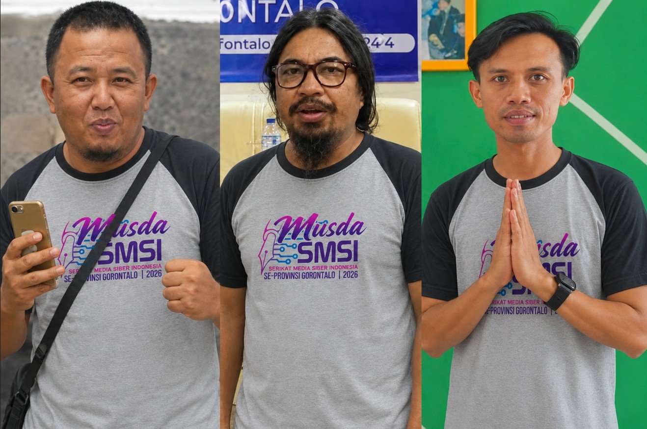 Musda II SMSI Gorontalo 2026 menghadirkan tiga kandidat ketua, yakni Irwanto Ahmad, Wahid Yunus, dan Herman Abdullah/Hibata.id