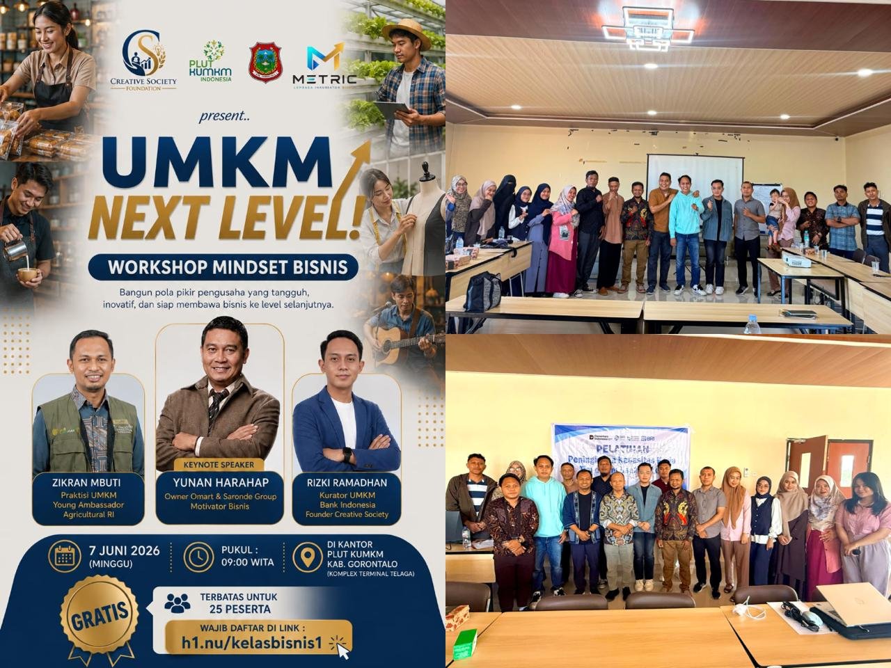 Komunitas Creative Society berkolaborasi dengan Dinas Koperasi dan UKM Kabupaten Gorontalo menggelar Workshop UMKM Next Level di Gedung PLUT KUMKM Kabupaten Gorontalo, Minggu, 7 Juni 2026. (Foto: Humas)