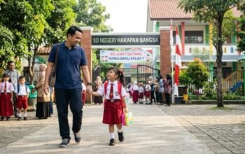 lustrasi seorang ayah sedang menantarkan anaknya di hari pertama sekolah. (Foto: AI Gemini)