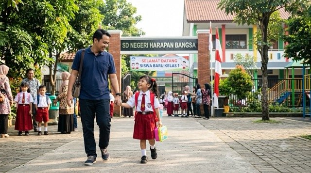 lustrasi seorang ayah sedang menantarkan anaknya di hari pertama sekolah. (Foto: AI Gemini)