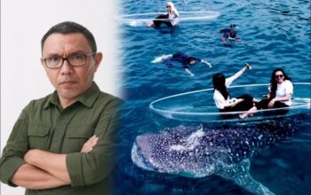 Kolase foto warga Kabila Bone, Noldi Katili (kiri), dan aktivitas wisata Hiu Paus di Desa Botubarani, Kabupaten Bone Bolango (kanan). Noldi menilai rencana kenaikan tarif wisata hingga Rp1 juta per orang perlu dikaji agar tidak berdampak pada kunjungan wisatawan/Hibata.id