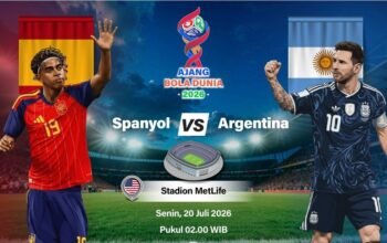 Grafik ilustrasi pertandingan final Piala Dunia 2026 antara Spanyol dan Argentina yang dijadwalkan berlangsung di Stadion MetLife, East Rutherford, New Jersey, Amerika Serikat, Minggu (19/7/2026) waktu setempat. ANTARA INFOGRAFIK/Vintan Rahmadanti/Hibata.id