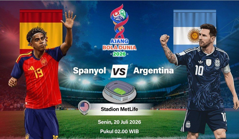 Grafik ilustrasi pertandingan final Piala Dunia 2026 antara Spanyol dan Argentina yang dijadwalkan berlangsung di Stadion MetLife, East Rutherford, New Jersey, Amerika Serikat, Minggu (19/7/2026) waktu setempat. ANTARA INFOGRAFIK/Vintan Rahmadanti/Hibata.id