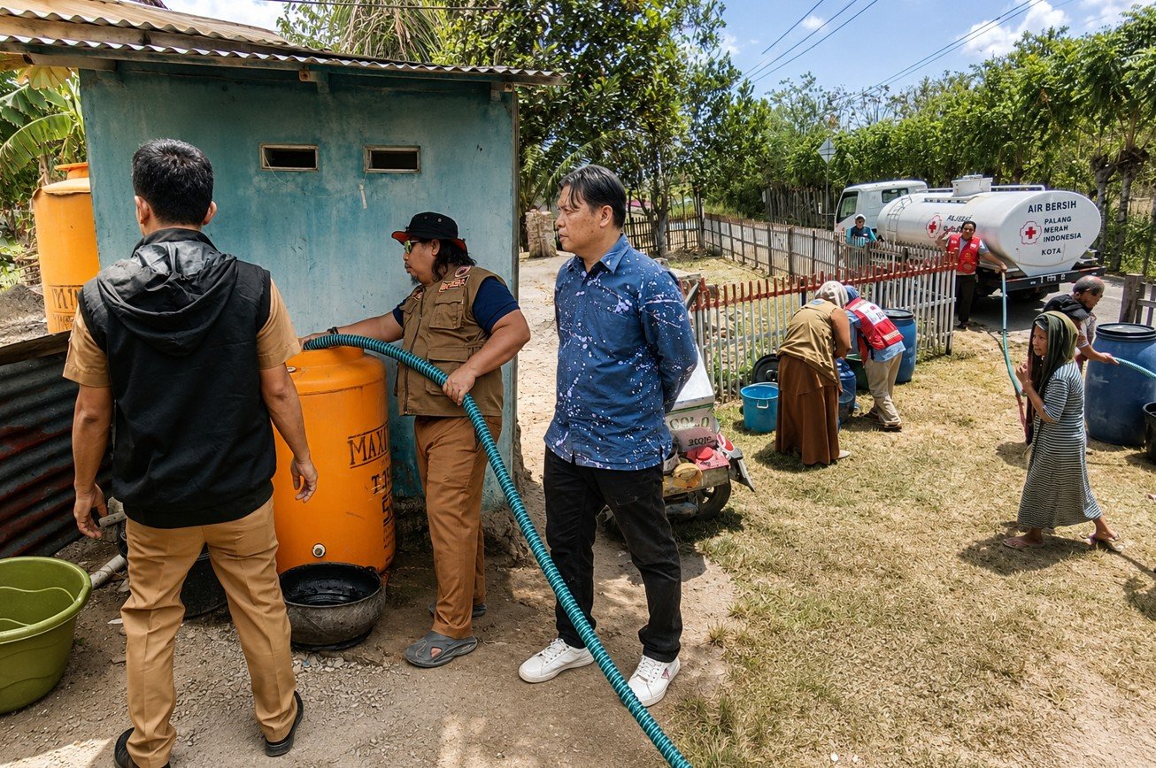 BPBD Bone Bolango bersama PMI menyalurkan ribuan liter air bersih kepada warga Desa Pancuran, Kecamatan Suwawa Selatan, yang terdampak kekeringan akibat musim kemarau/Hibata.id
