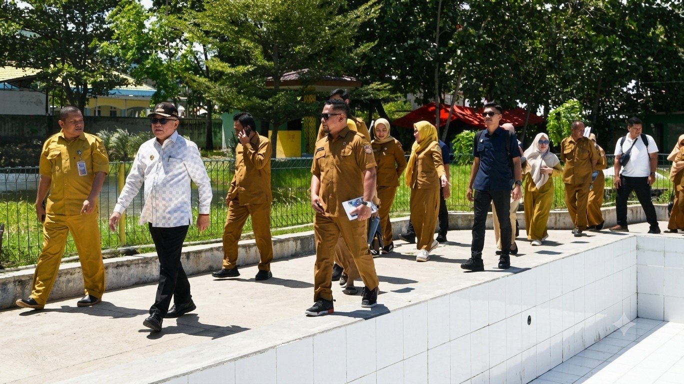 Bupati Gorontalo Sofyan Puhi meninjau lokasi persiapan pembangunan pusat hydrotherapy di Pentadio Resort, Kabupaten Gorontalo, Selasa (14/7/2026)/Hibata.id